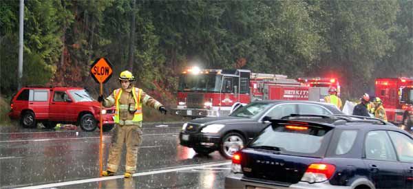 Traffic was being rerouted through the Masi Shop/ Shell gas station Nov. 19 after a two-car crash on Highway 305.