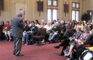 Garden club member from the Kingston and Indianola clubs paid close attention to Ed Hume at a joint meeting on April 10 at Redeemer United Methodist Church.