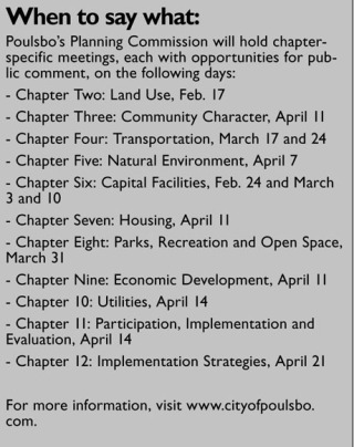 The city of Poulsbo is planning chapter-specific meetings for the public to review its Comprehensive Plan.