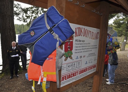 A lifejacket loaner board was erected and dedicated April 3 at Wildcat Lake in Seabeck. The loaner board was built by members of the Long Lake Bass Club after they were approached by the family of Trenten Morris who drowned in the lake last year. Trenten’s father