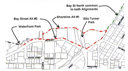 The proposed Port Orchard section of the Mosquito Fleet Trail could either run along Bay Street or the Sinclair Inlet shoreline