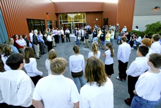 Community members gathered in 2006 for the dedication ceremony of the remodel of Poulsbo Junior High