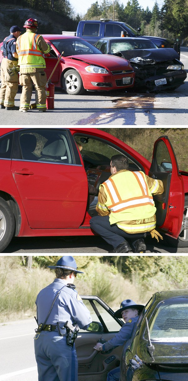 Top: Two cars collided on Highway 305 in front of the Masi Shop on the Suquamish reservation