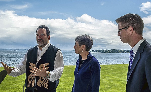 Suquamish Chairman Leonard Forsman speaks to reporters outside the House of Awakened Culture in Suquamish. Also answering questions were Interior Secretary Sally Jewell and Rep. Derek Kilmer