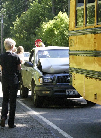 A Toyota pickup collided with a school bus on Hansville Road on Friday.