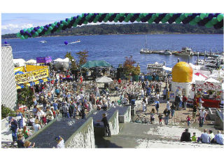 Above: The sun shone on the Bremerton boardwalk during last year’s Blackberry Festival. Right: Cowboy Buck shows a young festival-goer the finer points of lassoing.