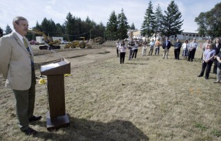 Kitsap County Coroner Greg Sandstrom addresses the crowd at Tuesday’s groundbreaking for the new morgue.