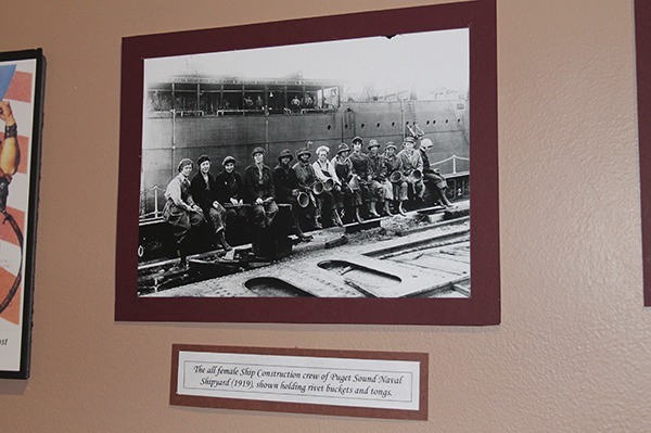 An all-female crew at the shipyards during World War I era.