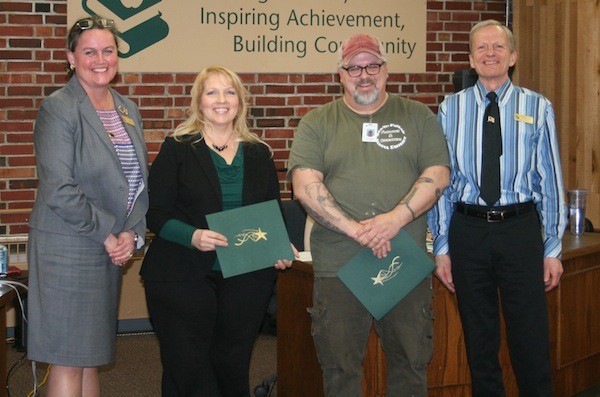 Superintendent Michelle Reid (left) is shown with PSE Union representative Sharri Salo and SEIU President Mike Laxson