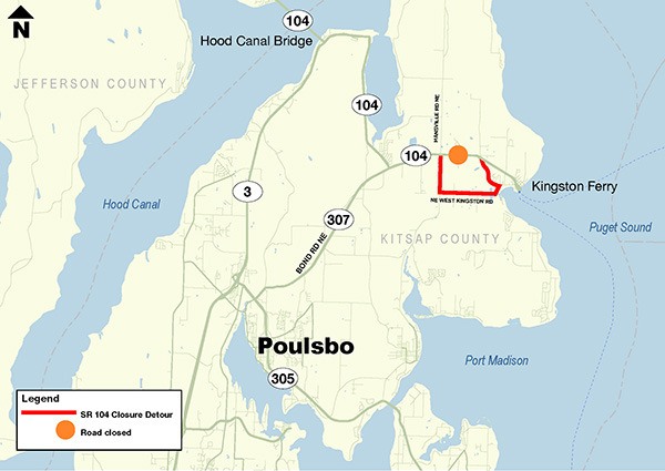 The SR 104 detour involves cutting SR 104 in one place to replace a culvert with a larger box culvert; the work will close the road for about a week. In addition