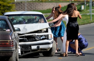 Students at North Kitsap High School act out a mock drunk driving collision Friday for the Junior and Senior students. The event is a bi-annual awareness event for highlighting the dangers of driving under the influence.