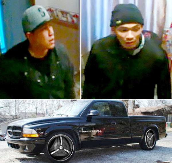 TOP LEFT: Suspect No. 1 appears to be asian with slender build and a gray or blue Mariners cap. TOP RIGHT: Suspect No. 2 is armed with a handgun