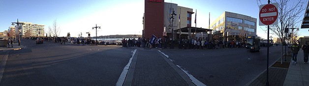 Thousands of fans packed on to ferries Wednesday morning to attend the Seattle Seahawks Super Bowl Championship victory parade in downtown Seattle. This panorama was taken at Second and Washington in downtown Bremerton at about 8 a.m.