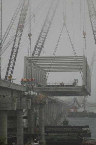 The new east truss and draw span pontoons were floated in to the Hood Canal Bridge early Monday morning