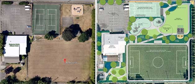 Left: Manette Playfield is considered a high priority for renovations. Right: The most recent concept for renovations includes redoing the tennis courts