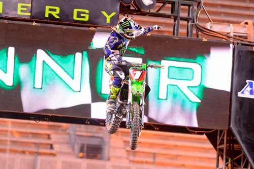 Ryan Villopoto celebrates his fifth win during of the Supercross season