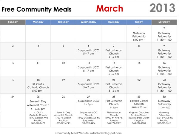 Community meals are served at no cost at the churches listed on this calendar. For more information