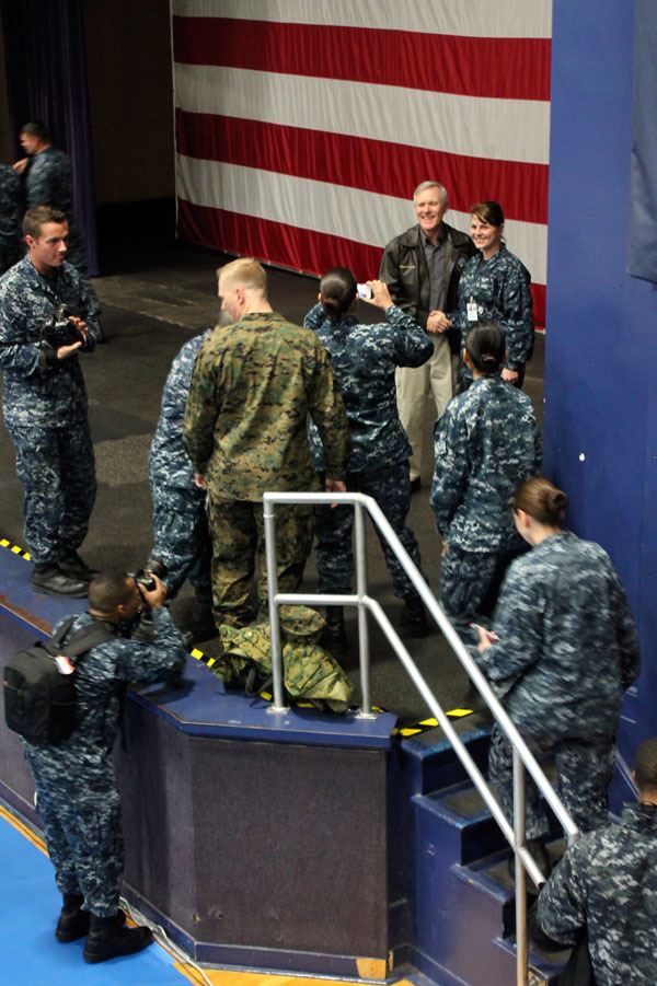 Hundreds of sailors and Marines turned out to see Secretary of the Navy Ray Mabus Wednesday. Many also lined up for a photo with the secretary.