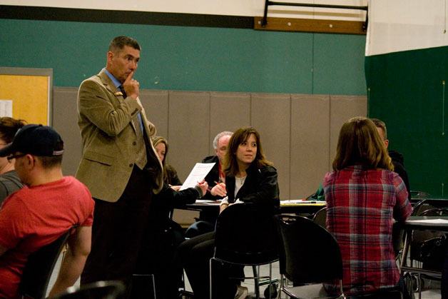 Superintendent Greg Lynch answers questions from community members during the first forum at Klahowya Secondary School last week.