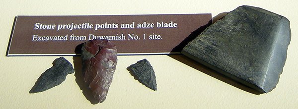 Projectile points and a stone adze blade from Duwamish No. 1