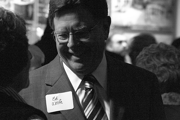 Ed Wolfe greets well-wishers at the kickoff of his campaign for Kitsap County Commissioner Tuesday evening. Wolfe is running as a Republican for the seat now held by Linda Streissguth. The event was at the offices of the Rice Miller Fergus architectural firm in downtown Bremerton. More than 100 people