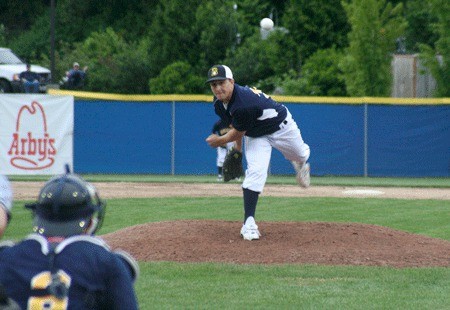 Richie Mascheri of the Kitsap BlueJackets throws a pitch during Tuesday’s 8-1 win against the Bend Elks at Gene Lobe Fields at the Kitsap County Fairgrounds.