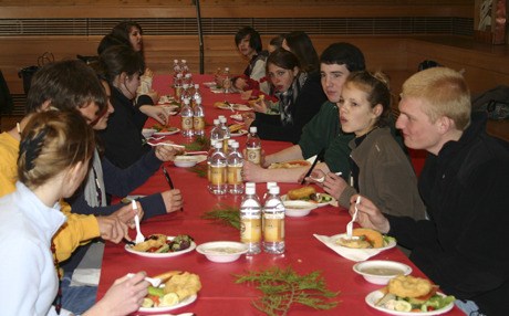 Students from North Kitsap High School share a clam lunch with students from the College Pierre Giradot in Sainte-Tulle