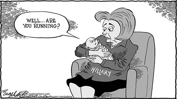 Here's this week's cartoon which addresses the unknowns about whether Hillary Clinton will run for President.