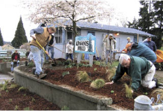 Bremerton Kiwanians and other volunteers did landscaping work at Kiwanis Park during last year’s work party. Kiwanians will be out in full force tomorrow to clean up the park.