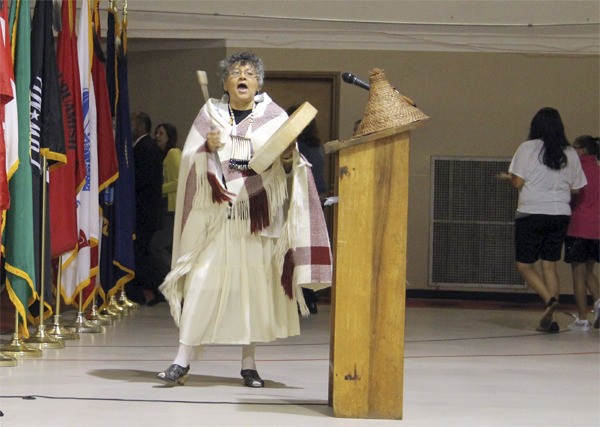 Peg Deam welcomes the students to the first class of Chief Kitsap Academy