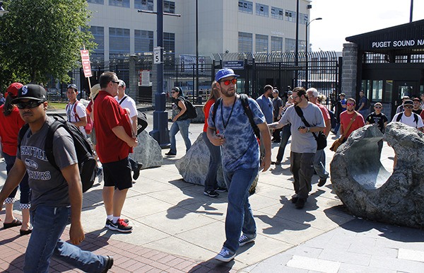 Members of the Bremerton Education Association rally for support outside Puget Sound Naval Shipyard on June 11.