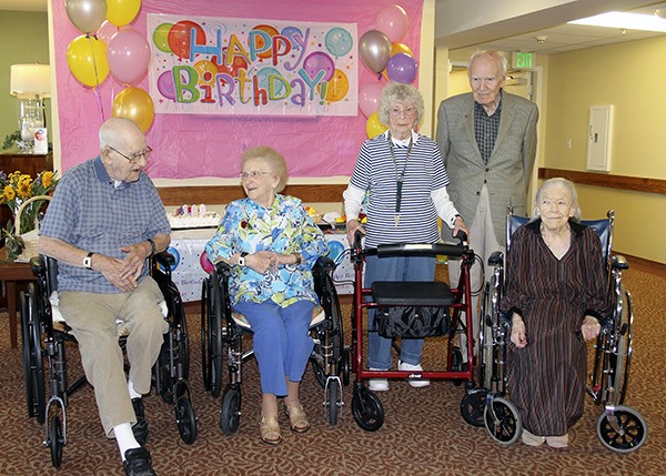 Five centenarians at Brookdale Montclair in Poulsbo gather Aug. 7 to celebrate a 100th birthday. They represent a total of 509 years of life. From left