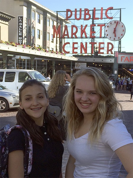 Mavi Di Maio and Cammy Rouser in front of the Pike Place Market during Mavi’s Rotary exchange to the West Coast.