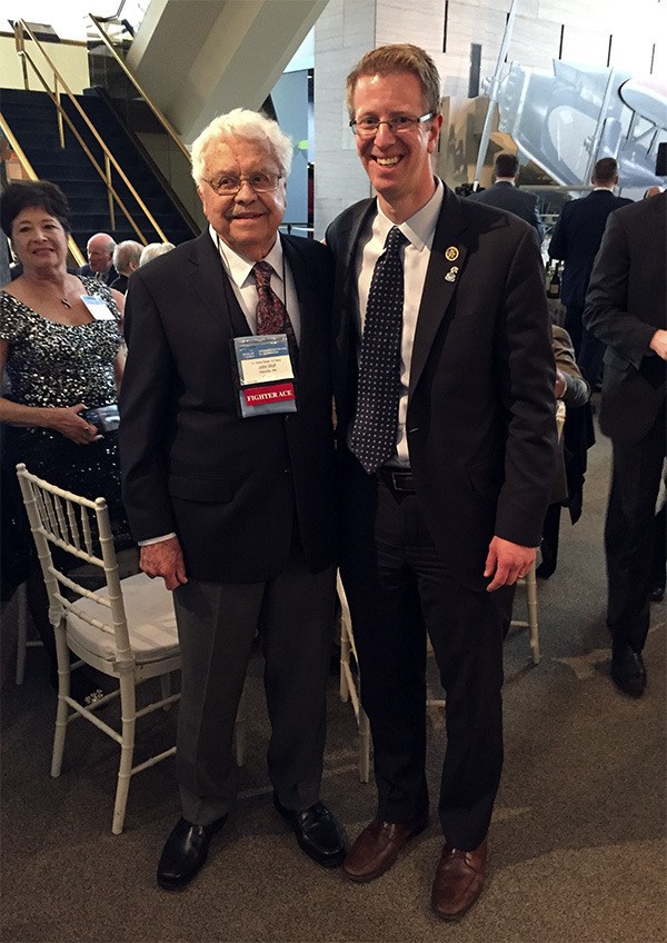 World War II Fighter Ace Mike Wolf of Hansville visits with Rep. Derek Kilmer