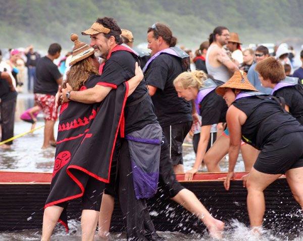 Suquamish Chairman Leonard Forsman is welcomed to Quinault's shores by Quinault Nation President Fawn Sharp