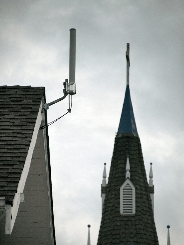 KPUD may install more Wi-Fi antennas—such as this one mounted on the First Lutheran Church—in downtown Poulsbo to help close coverage gaps.