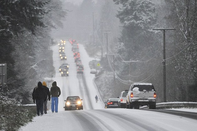 Traffic crawls along State Route 104 Monday