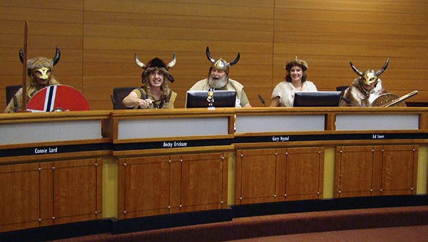 Vikings temporarily took over the Poulsbo City Council Chambers before the Feb. 17 meeting to cheer the mayor’s proclamation honoring the 100th anniversary of the founding of the Poulsbo Sons of Norway Lodge. The local lodge was chartered June 4