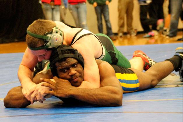 Bremerton High School hosted the Class 2A region II wrestling tournament this past Saturday. Pictured is Bremerton grappler Darius Taylor-Jones. Taylor-Jones advanced to this weekend’s Mat Classic in Tacoma.