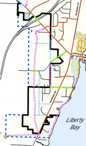 The west side of Poulso in the Urban Paths of Poulsbo map. The pink dotted line is a 'conceptual' trail; the black line is current city limits.