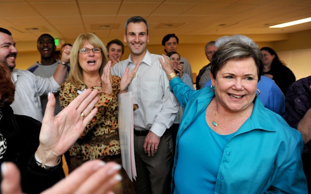 Sherry Appleton celebrates early election results Tuesday with supporters in Silverdale.