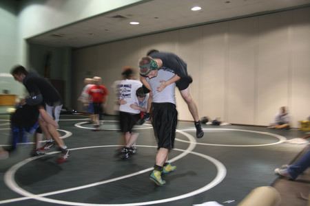 Klahowya Secondary School wrestlers Daniel Veach and Kevin Schiffman practice Monday.