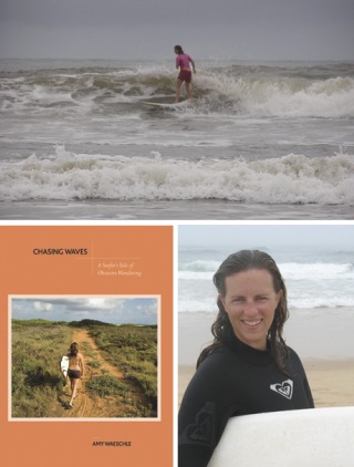 Amy Waeschle (above) riding a wave in Costa Rica; (inset) on the beach in Portugal. The world-traveling writer recently relocated to Poulsbo.