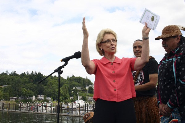 Gov. Chris Gregoire had a good relationship with Washington state's First Peoples and their governments. She spoke at the Canoe Journey landing at Squaxin Island July 29.