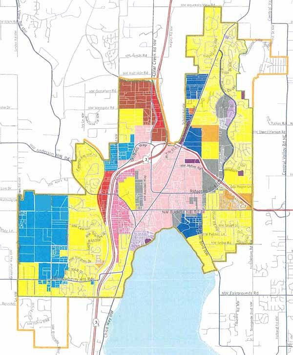 Boundaries of the proposed city of Silverdale. The areas in yellow are zoned urban low residential; pink