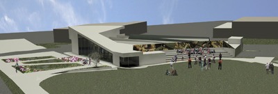 A new design concept of a new Silverdale library as part of the Central Kitsap Community Campus. This is a view looking south from the Haselwood Family YMCA.