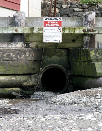 A sign warns beach walkers away from contact with Lofall Creek.