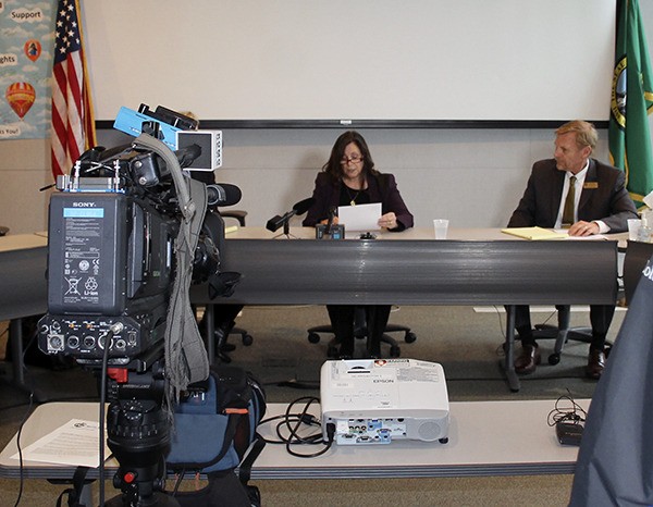 North Kitsap School District Superintendent Patty Page reads a statement Feb. 12 regarding the district's delayed parental notification of alleged sexual abuse on a school bus. 'We clearly failed