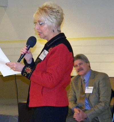 Rep. Jan Angel (R-Port Orchard) addresses the Port Orchard Chamber of Commerce as Sen. Tim Sheldon (D-Potlatch)looks on.