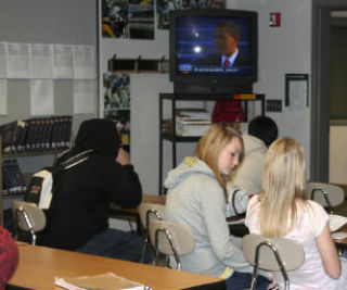 Klahowya Secondary School students watch the inauguration of President Barack Obama in Jeff Kreifels’ history class Tuesday morning.